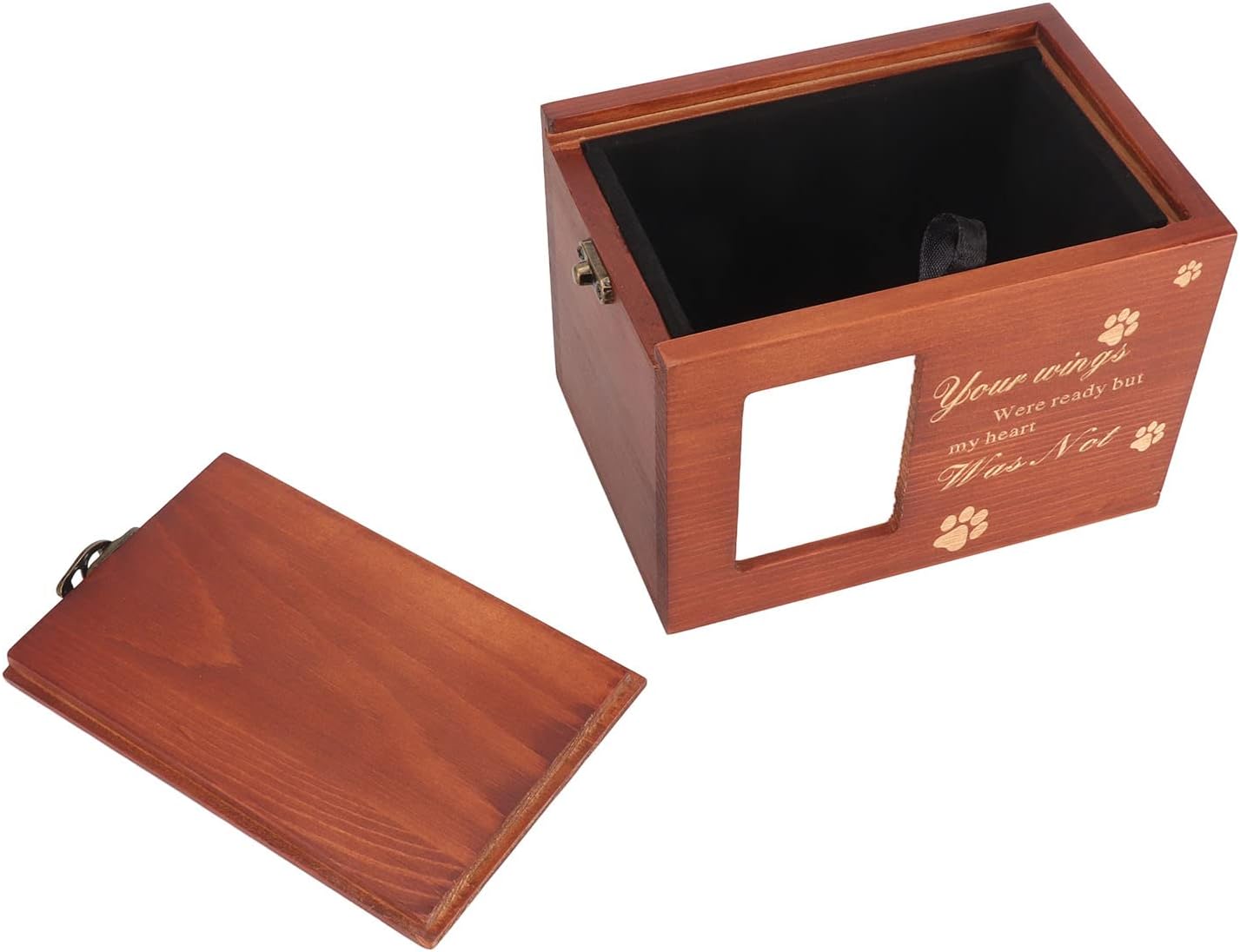 Pet Memorial Wooden Urn Box with Picture Frame - Engraved Paw Prints and Text - for Dogs and Cats
