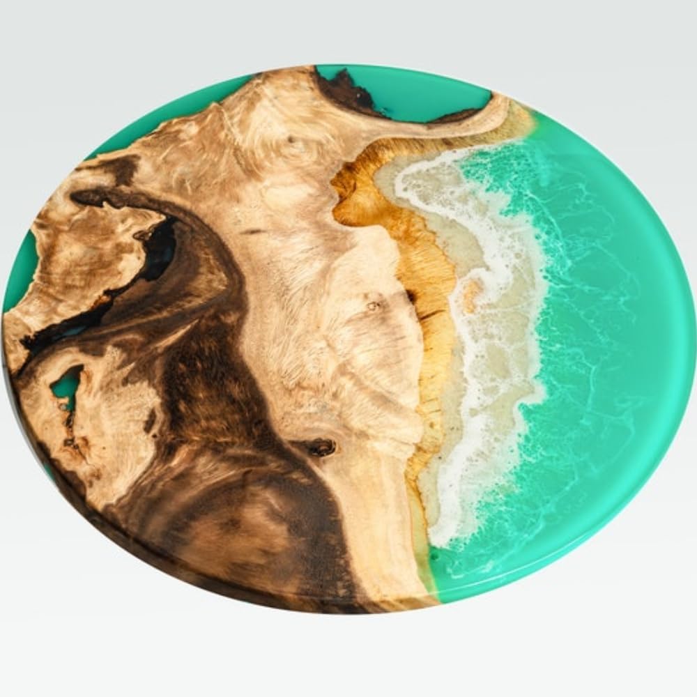 Live Edge Epoxy Resin Ocean-Decor Lazy Susan, Wooden Rotating Tray Organizer, Epoxy Wooden Turntable Stand, 16 "W x 1 "H x 16 "D, Kitchen Organizer for Dining Table Top (Turquoise)