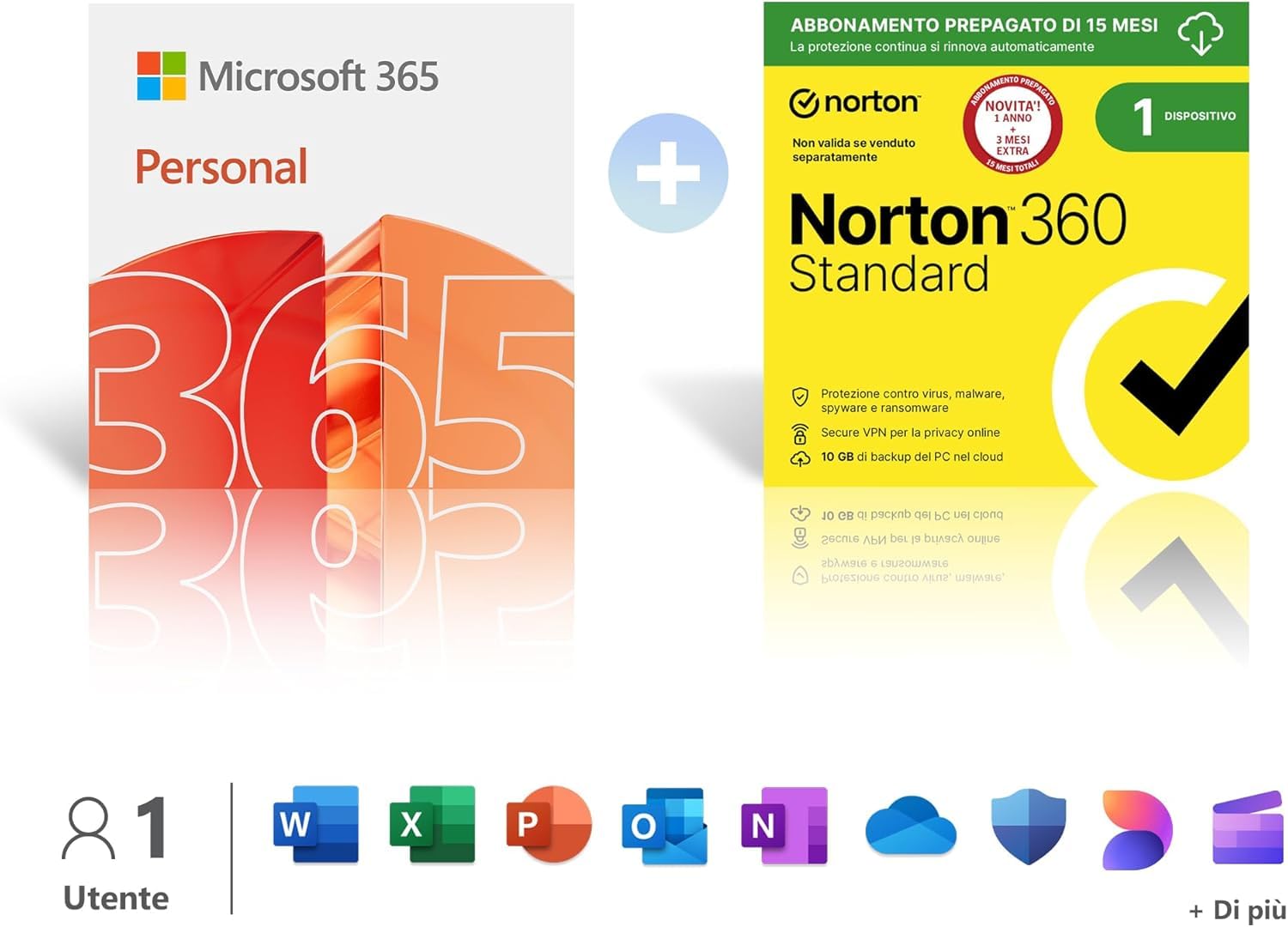 Microsoft 365 Personal │ 12 meses │ 1 persona │ Apps Office con IA + Norton 360 Standard│1 Dispositivo│15 mesi│Abbonamento con rinnovo automatico