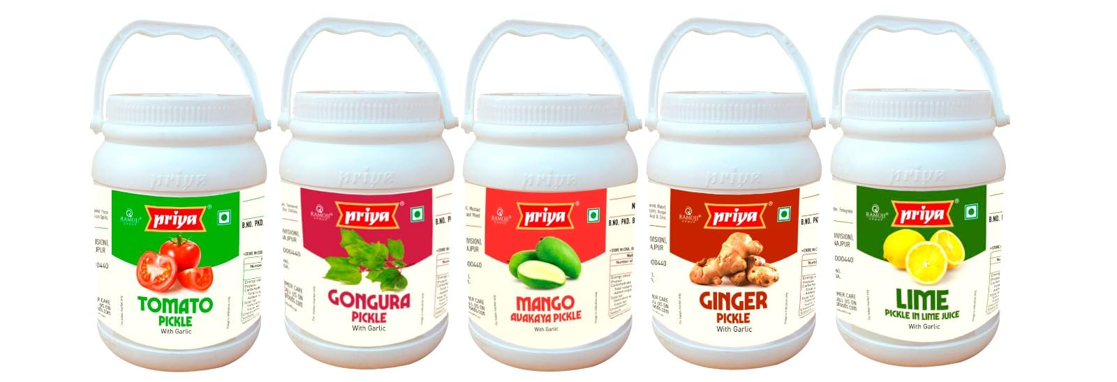 Priya Pickle with Garlic Combo Pack Total 5Kg I 1Kg Each | Tomato, Gongura, Mango avakaya, Ginger, Lime I Traditional South Indian Taste