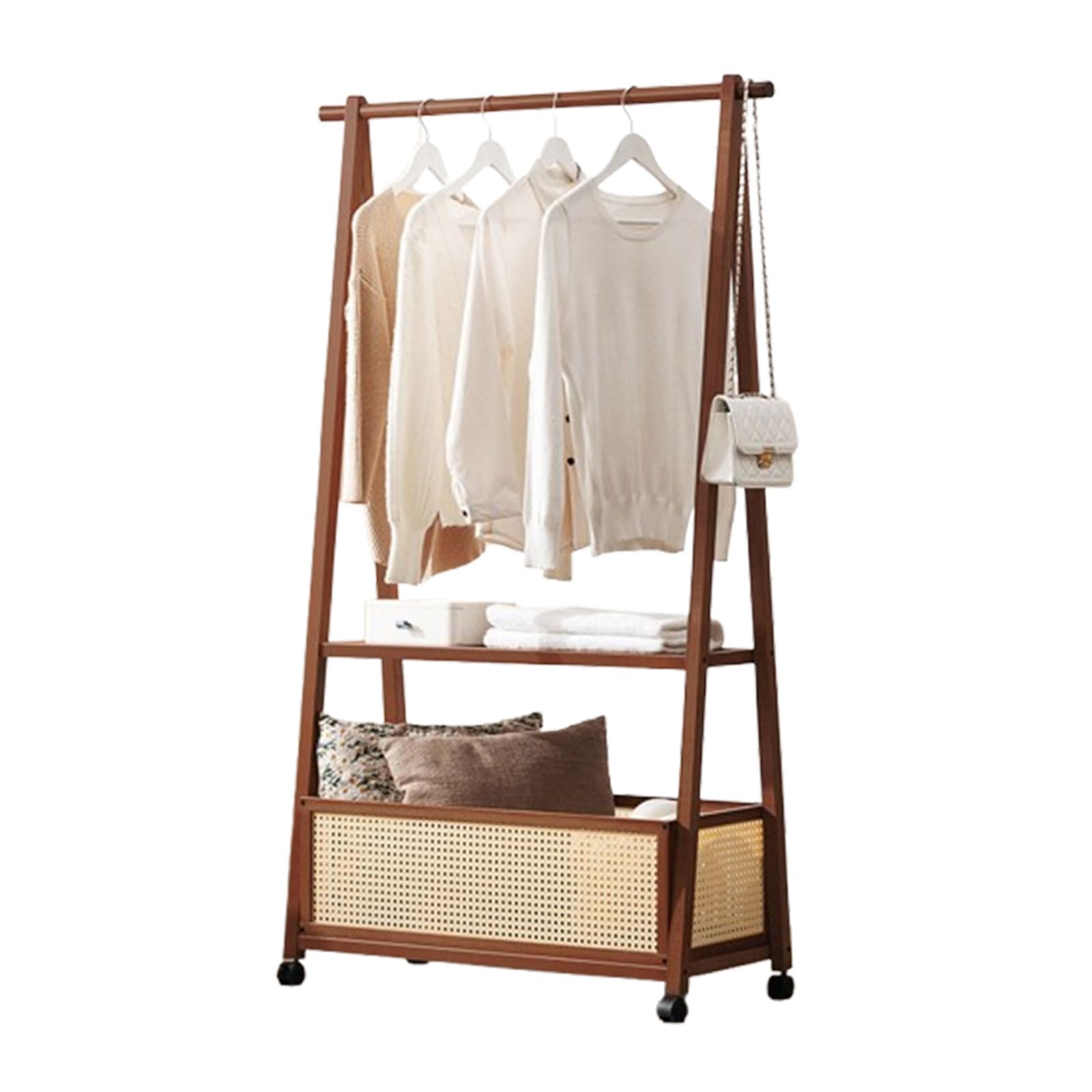 Portant à vêtements en bambou roulette étagère panier dressing ouvert 80cm