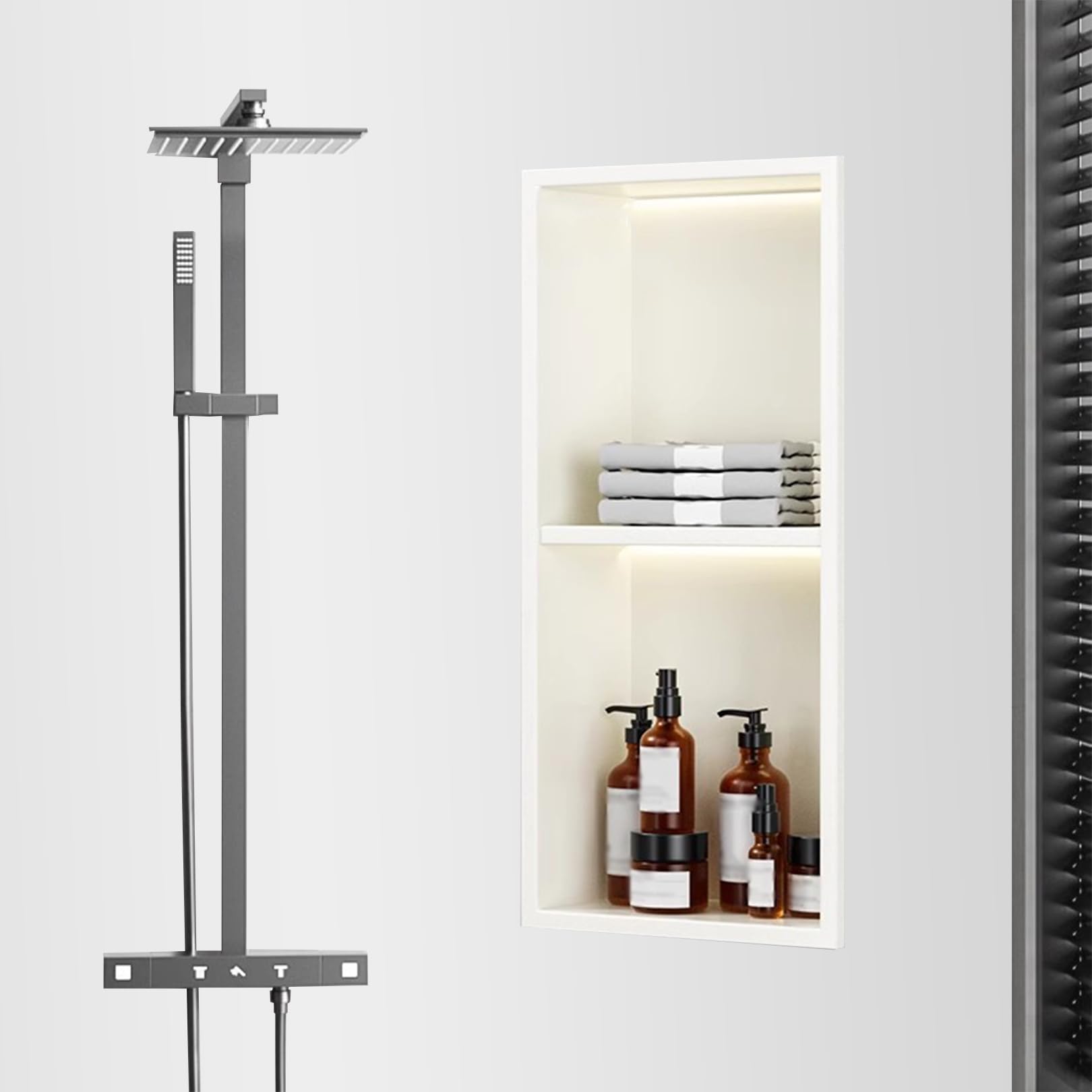 Étagère murale encastrée avec douche LED étanche en inox brossé