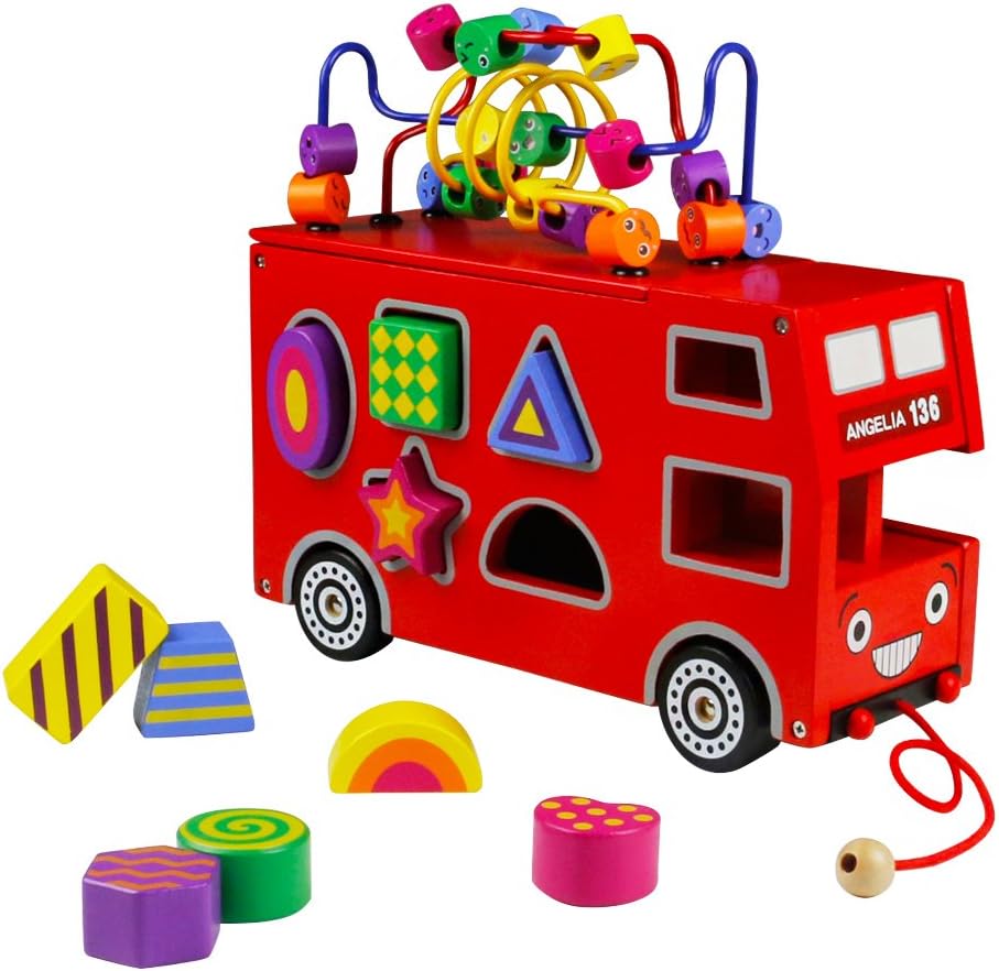 yoptote Double Decker Red Bus Colorful Wooden Mini Around Beads Game Shape Sorter Cognitive Toy Great Gift for Boy Girl Kids 3 Years and Up