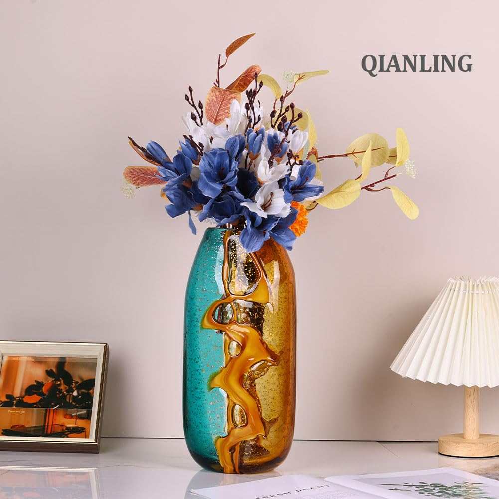 Amazon.com: Handcrafted Glass Vase with Amber and Turquoise Colors
