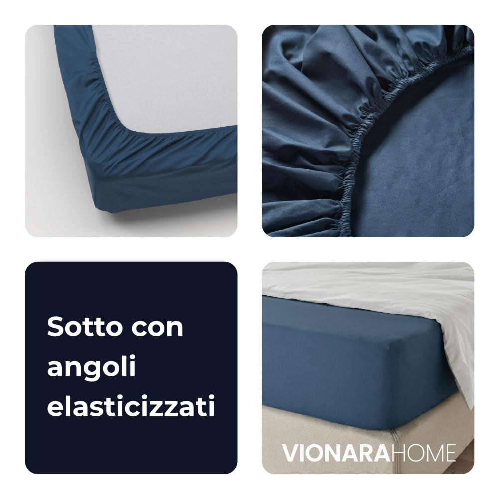 Vionara Home Completo Lenzuola in Flanella di Puro Cotone, Anti-pilling, Completo Letto Invernale in Morbido Caldo Cotone, Made in Italy (F130 - Azzurro, Matrimoniale)
