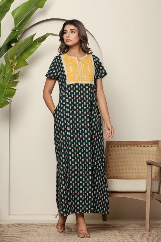 Image of NIHSAMAH Cotton Nighty for Women - Embroidered & Printed Stylish Night Gown, Comfortable Sleepwear Long Nightwear, Maxi