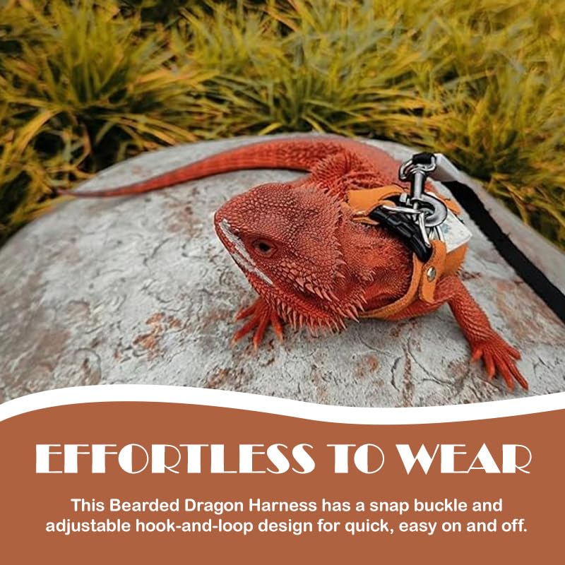 Image of Bearded Dragon Leash - 3 Sizes Pack Reptile Outing Adjustable Soft Leather Lizard Harness with Retractable Leash Small Animal Traction Rope Walking Vest Accessories for Bearded Dragon Leash(Camel)
