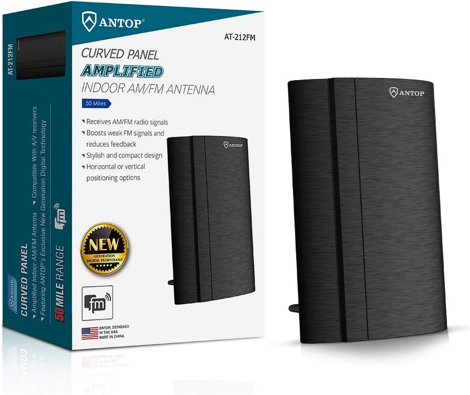 Indoor Amplified AM/FM Antenna, ANTOP Curved Panel AT-212FM with Built-in Digital Booster to Improve Reception, Includes 6ft Coaxial Cable
