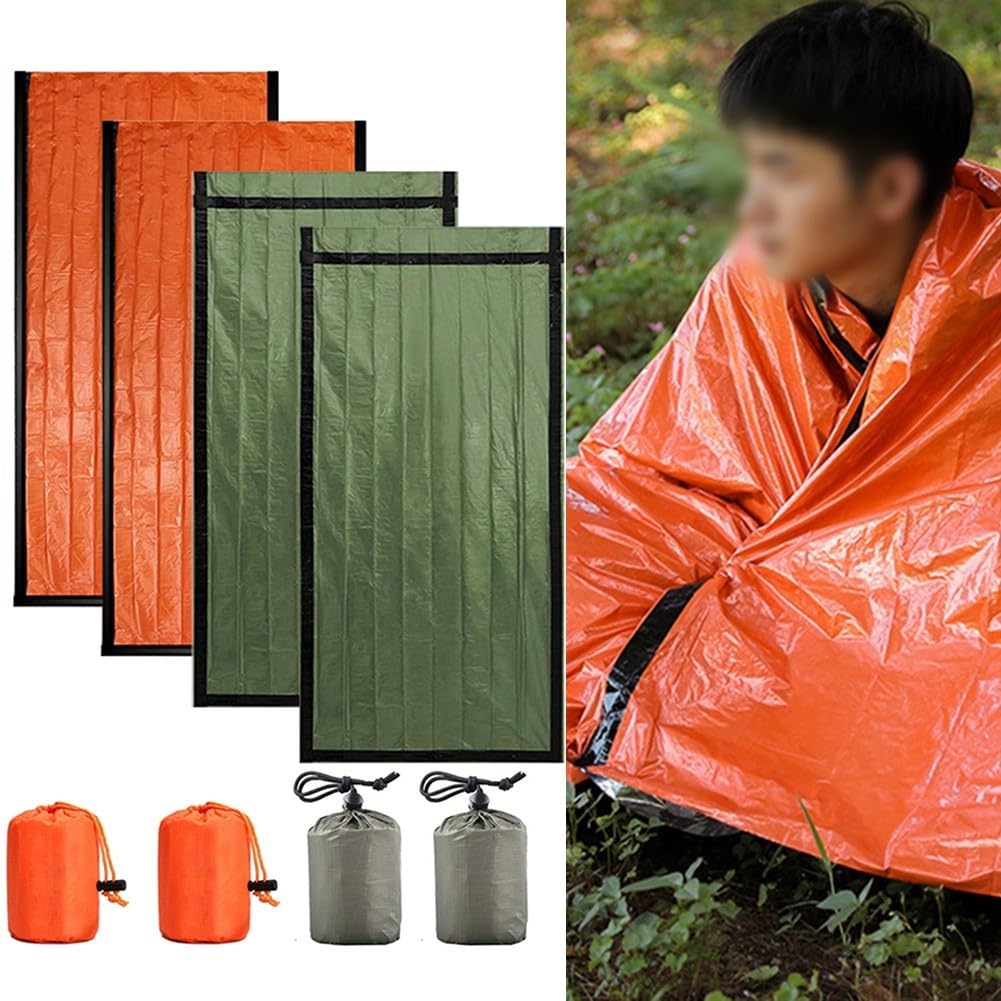 Überlebensschlafsack, 4er-Pack, Thermo-PE-Aluminium-Sack, leicht, winddicht, Regenschutz für Camping, Wandern, Outdoor-Ausrüstung, Orange / Grün Sonstiges