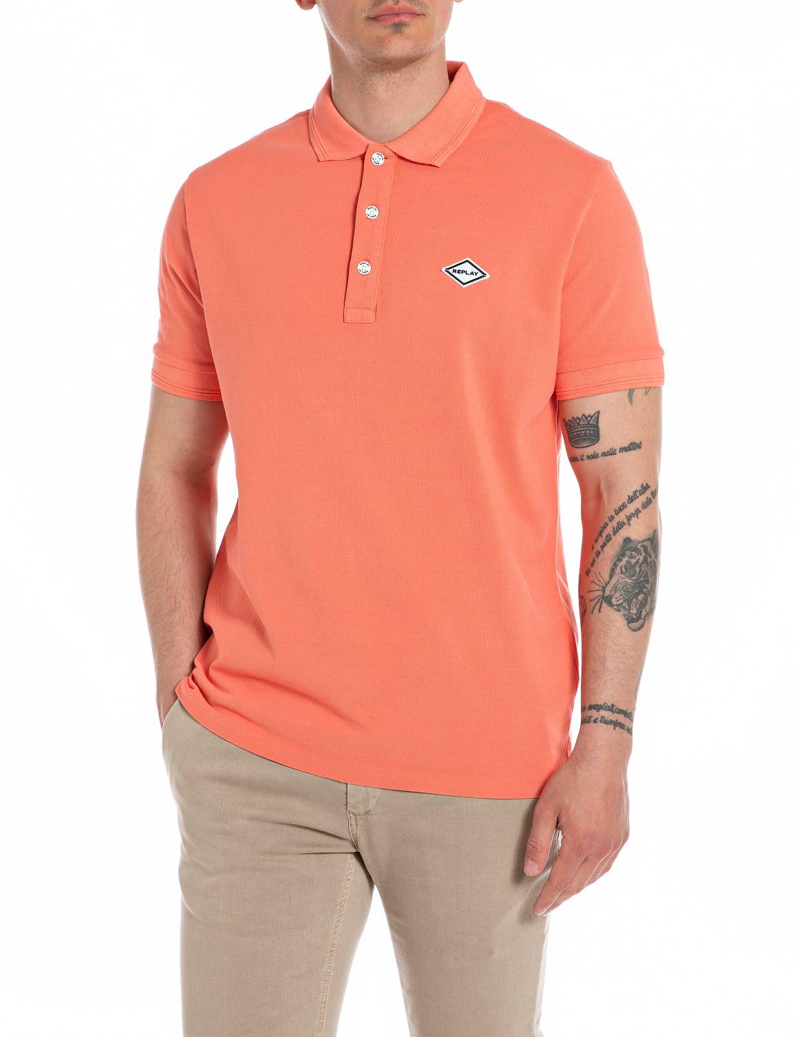 Replay Herren Poloshirt Kurzarm aus Baumwolle, Coral Pink 051 (Orange), S