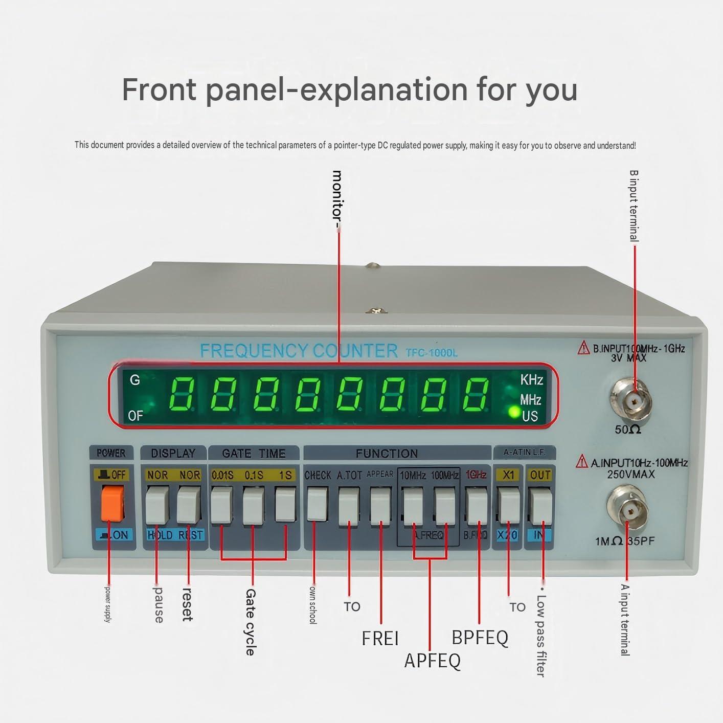 Frequenzimetro digitale TFC2700L, da 10 Hz a 2,7 GHz Alimentazione CC variabile | Con display LED a 8 cifre Strumento alimentato for la manutenzione elettronica