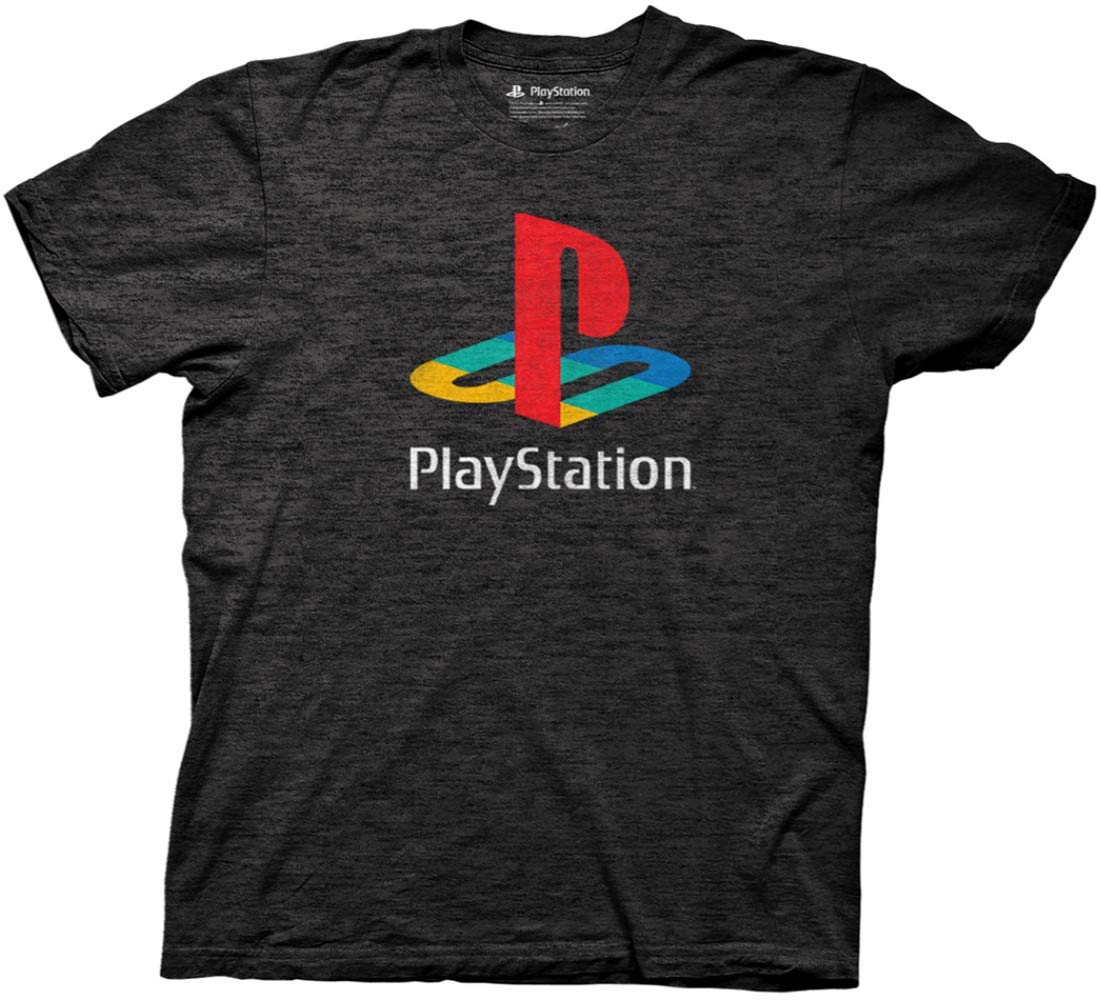 Ripple Junction Playstation Distressed Retro Color Logo Adult T-Shirt Medium Heather Charcoal