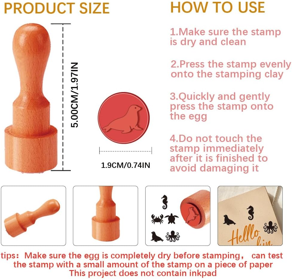 AHANDMAKER 5 Styles Mini Wooden Rubber Stamps, Marine Animal Theme Round Handle Stamps Sea Turtles Octopuses Seahorses Crabs Seals Patterns Wood Stamp for Crafting Scrapbooking Card Making Planner