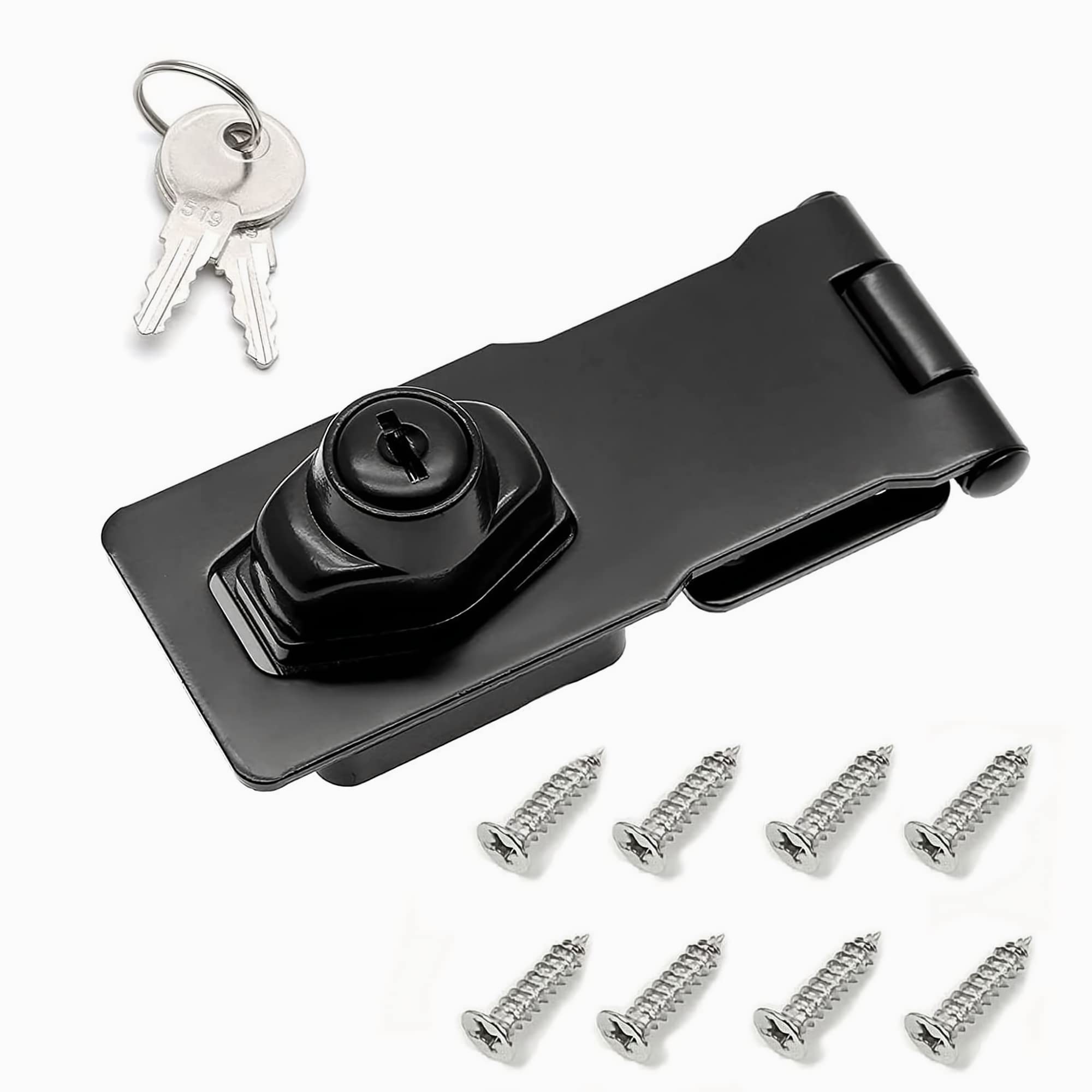 I-EASYDWW 4 Inch Keyed Hasp Lock for Cabinets & Small Doors, Twist Knob Design, Heavy Duty Zinc Alloy with Chrome-Plated Iron, Includes Keys & Screws, Black