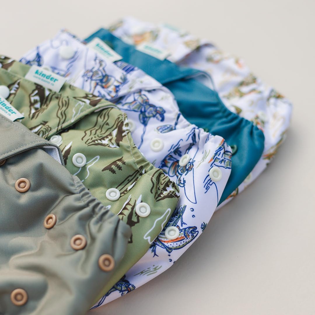 Kinder Cloth Diapers Reusable Baby Diapers Pocket Style Athletic Wicking Jersey, Bamboo Viscose Inserts, Wet Bag, Newborn to Potty Training 7-60lbs, One Size (Great Outdoors, 5 Pack, with Inserts)