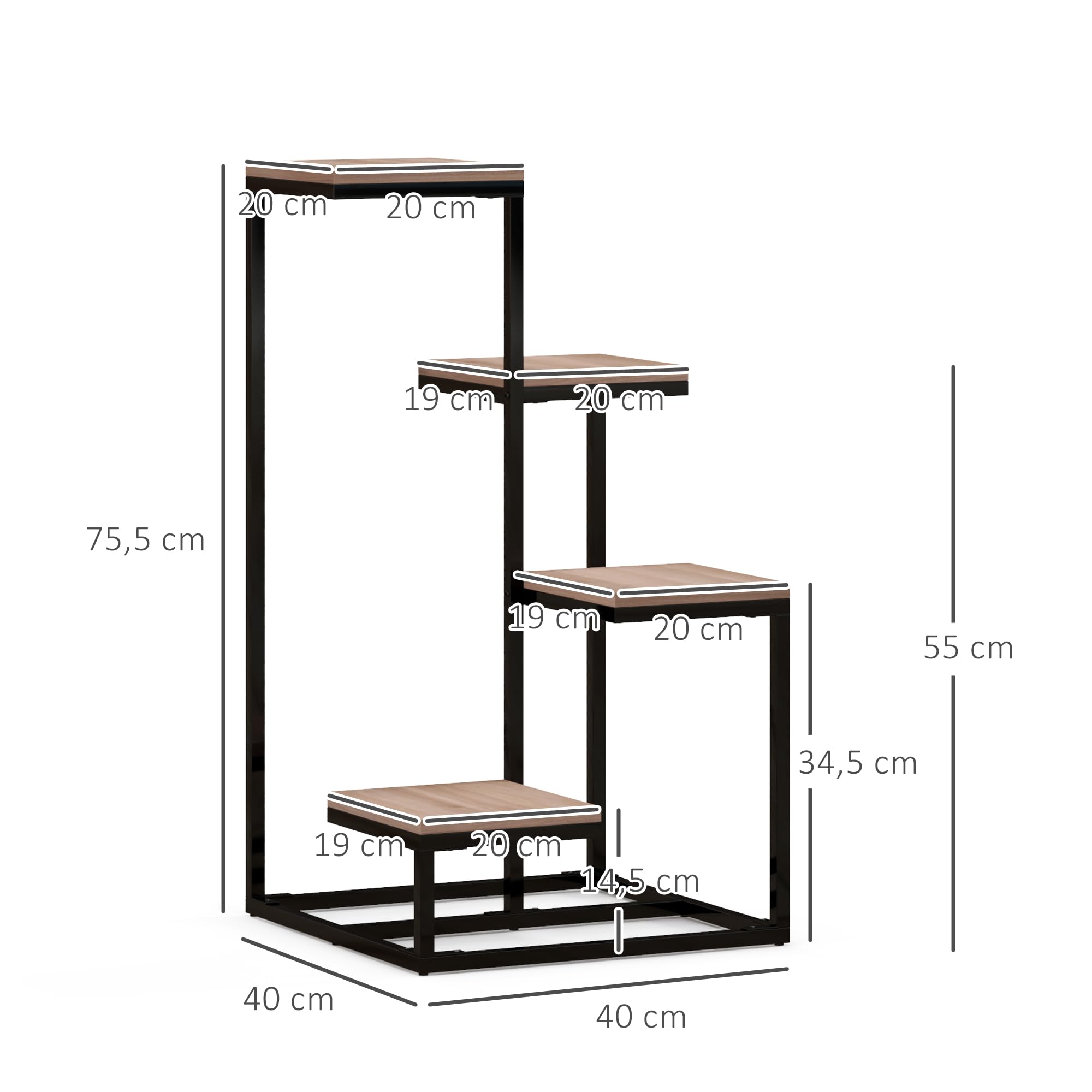 Outsunny Étagère à plantes, étagère à fleurs en bois et métal, 4 niveaux de différentes hauteurs, style industriel, 40 x 40 x 75,5 cm, noir et marron