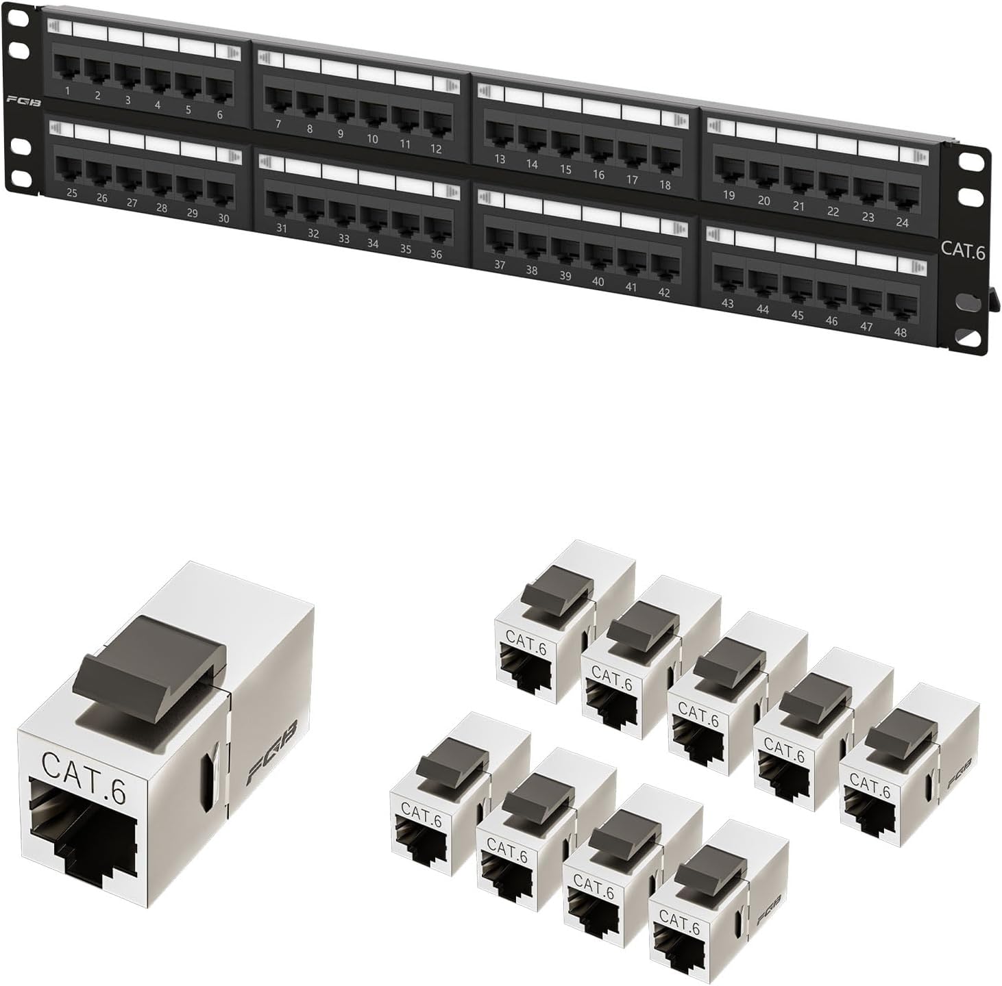 FGB Patch Panel 48 Port, Cat6 19" Rackmount or Wall Mount RJ45 Patch Panel 2U and Cat6 Shielded Keystone Coupler 10 Pack