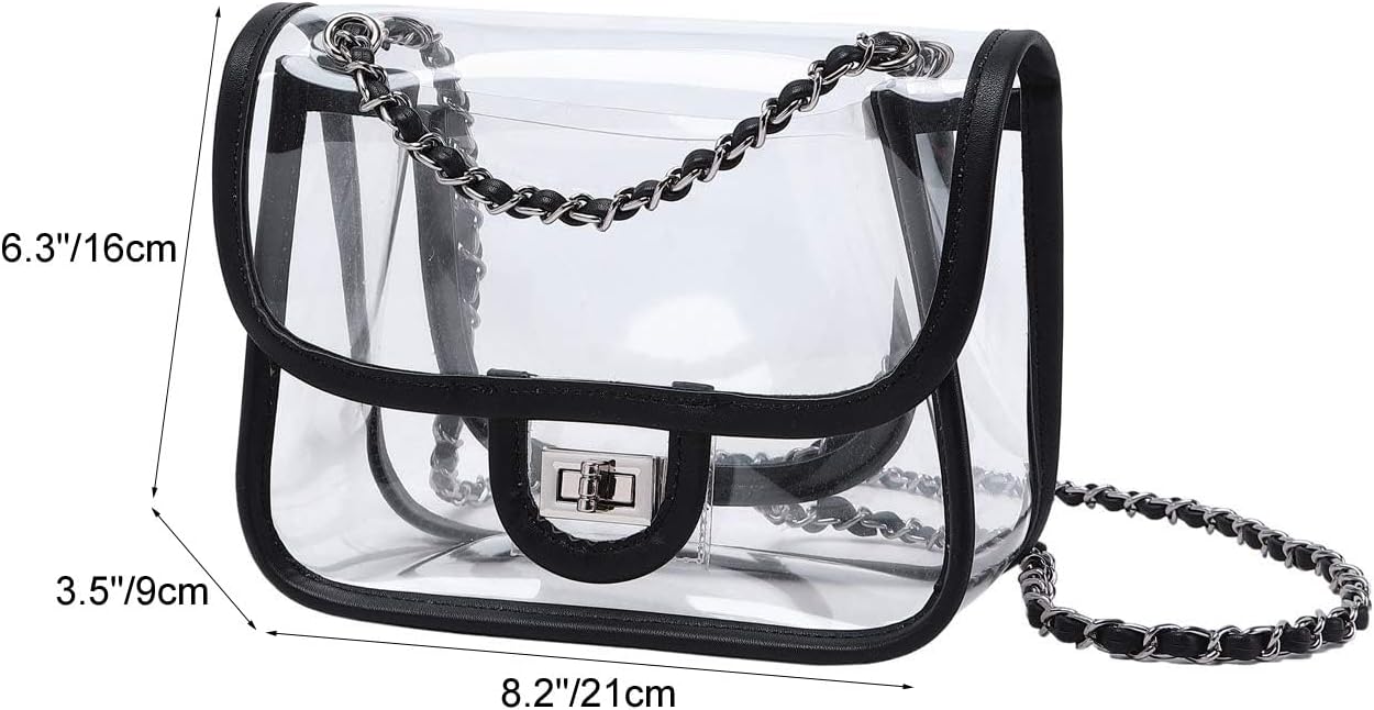 Womens PVC Clear Purse Handbag with Chain Stadium Approved Clear Bag See Through Bag for Working and Concert