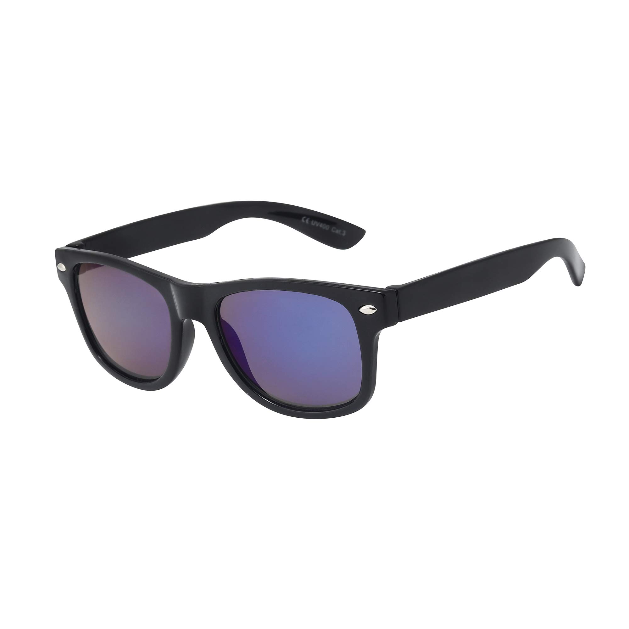 Kids Sunglasses Girls Boys Children Classic Style Shades UV 400 Protection (Black/Blue Mirror)