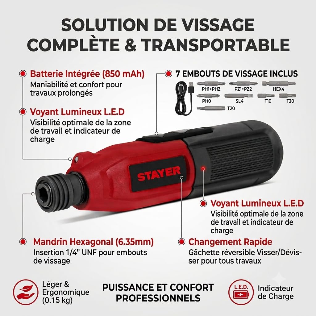 Tournevis sans fil 3.6V PRO 36 – Batterie intégrée – Recharge USB-C – 7 embouts inclus – Mandrin hexagonale 6.35mm – 280 tr/min – Couple 1.2Nm – LED – Mallette de transport – Léger 0.15kg