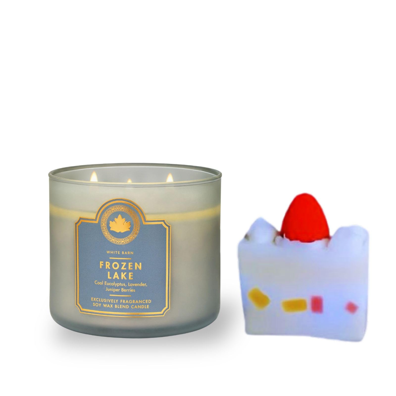 Frozen Lake - White Barn-Bath/Body Work- 3-Wick Scented Candle 14.5 OZ Burns 25-45 Hours and Strawberry Cake soap (Label Artwork Varies)