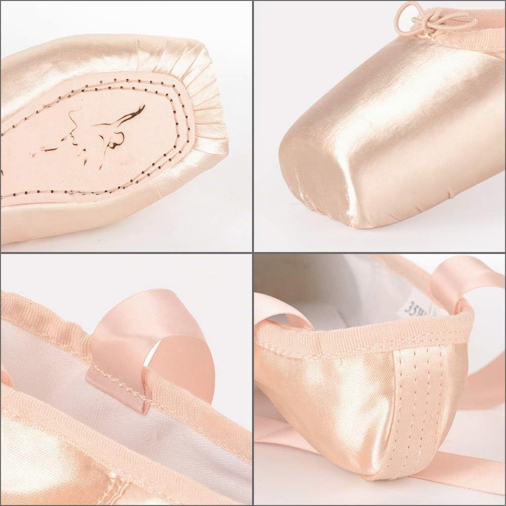 Soudittur Zapatillas de Ballet de Punta Pointe Zapatos Satén con Puntera de Gel de Silicona y Cintas para Niñas Rosa (por Favor Seleccione una Talla más Grande)