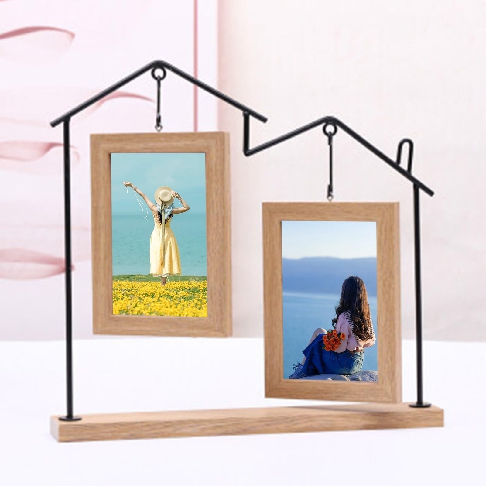 Cadre photo mariage en bois 4x6 avec vase en verre et support rectangle en fer