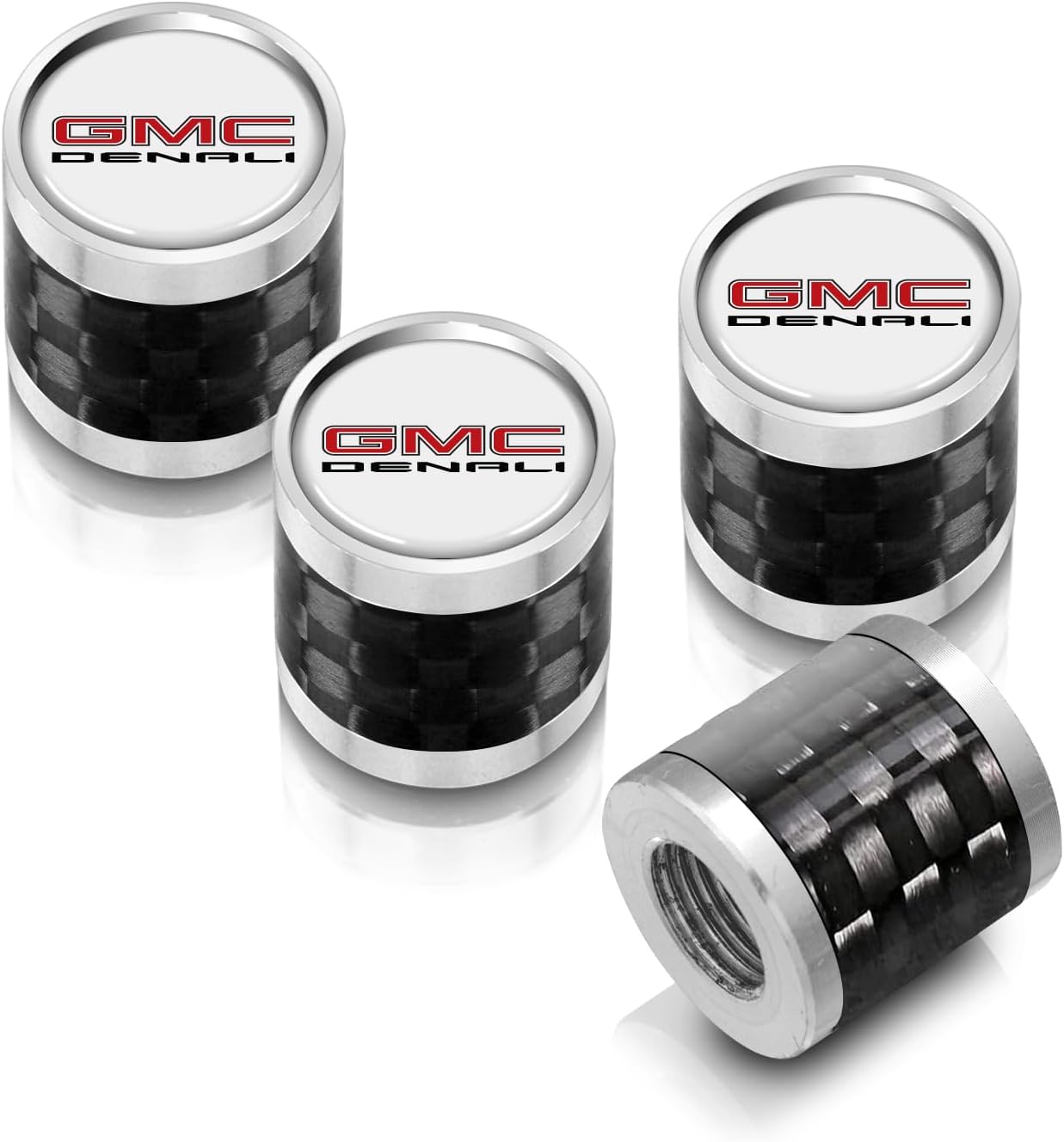 iPick Image for GMC Denali Nameplate on Real Carbon Fiber Barrel Black Aluminum Tire Valve Stem Caps (Black/Silver)