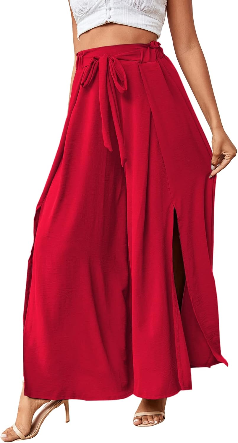 LYANER Women's Tie Front High Waist Side Split Slit Flowy Wide Leg Pleated Pant with Belt