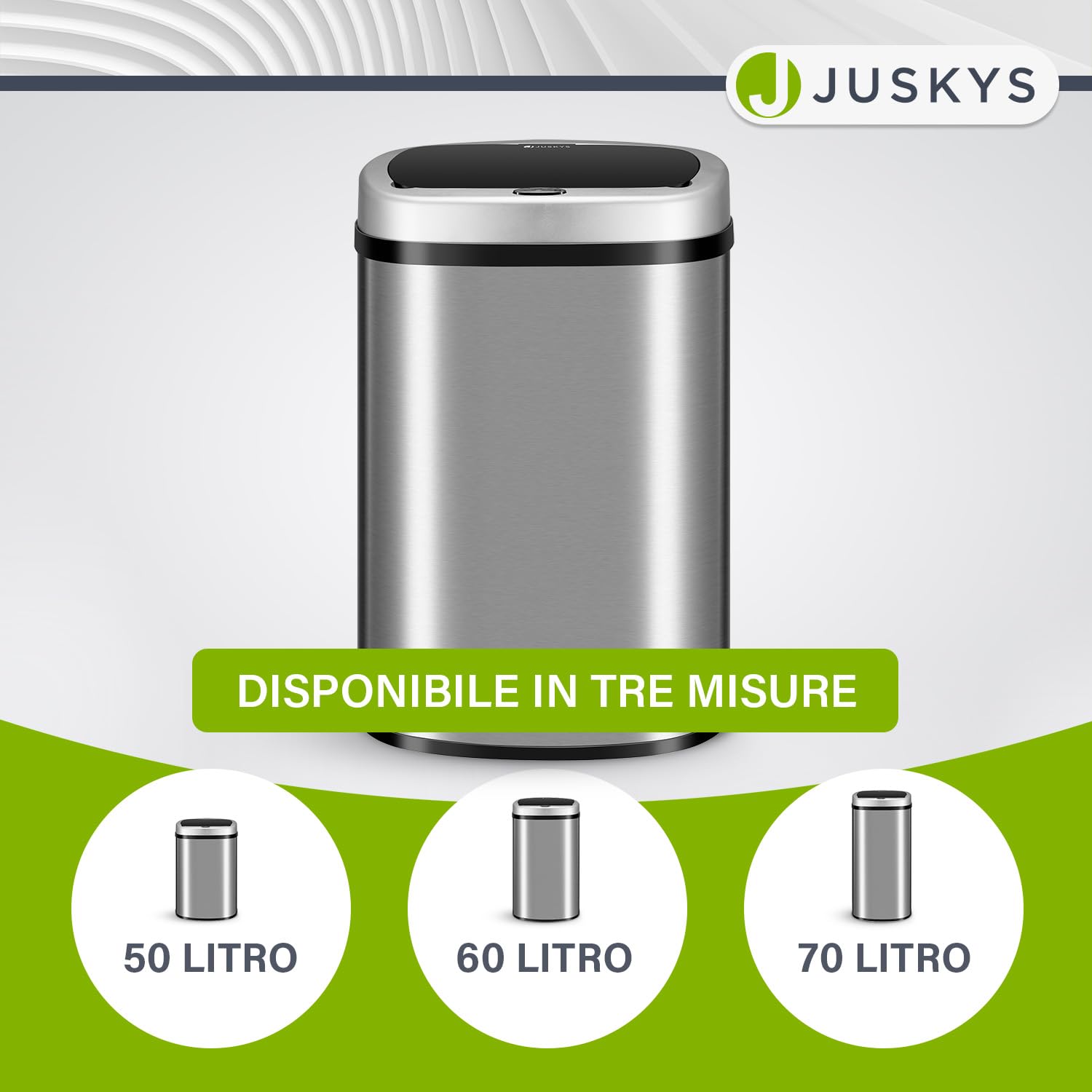 Juskys cestino elettrico e impermeabile da cucina con sensore di movimento, coperchio automatico, forma rettangolare - 50 L - Argento