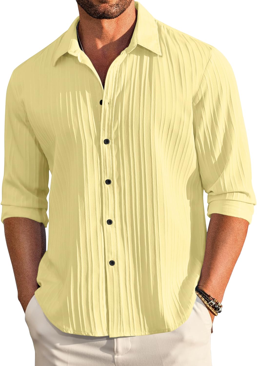 finivo fashion Men's Casual Button Down Shirts Long Sleeve Cotton Linen Shirt Fashion Textured Beach Summer Shirts|Regular Collar | Everyday Wear Casual Shirt for Men-picture-21