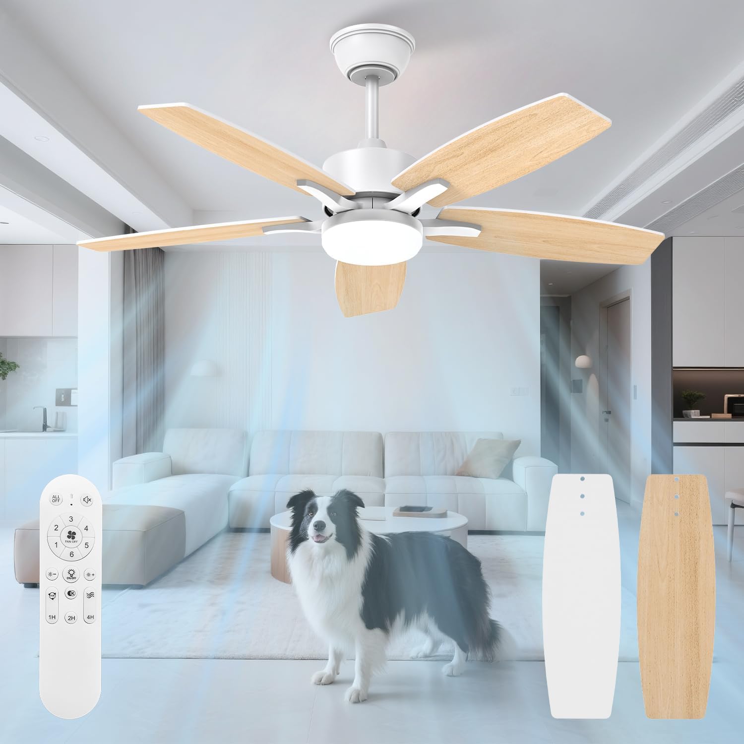 Ventilador de Techo con Luz 106 cm, Silencioso 20 dB, Motor DC, Mando a Distancia, LED Regulable, 6 Velocidades, 5 Aspas Dobles, Función Verano Invierno, Madera Clara/Blanco