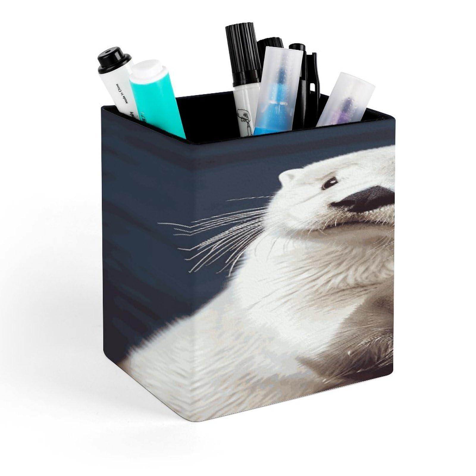 JTREHY White Otter Pen Holder Square Pen Pencil Holder Makeup Brush Holders Cup PU Leather Pencil Cups Desktop Caddy Stationery Organizer Case Office Accessories Container Box