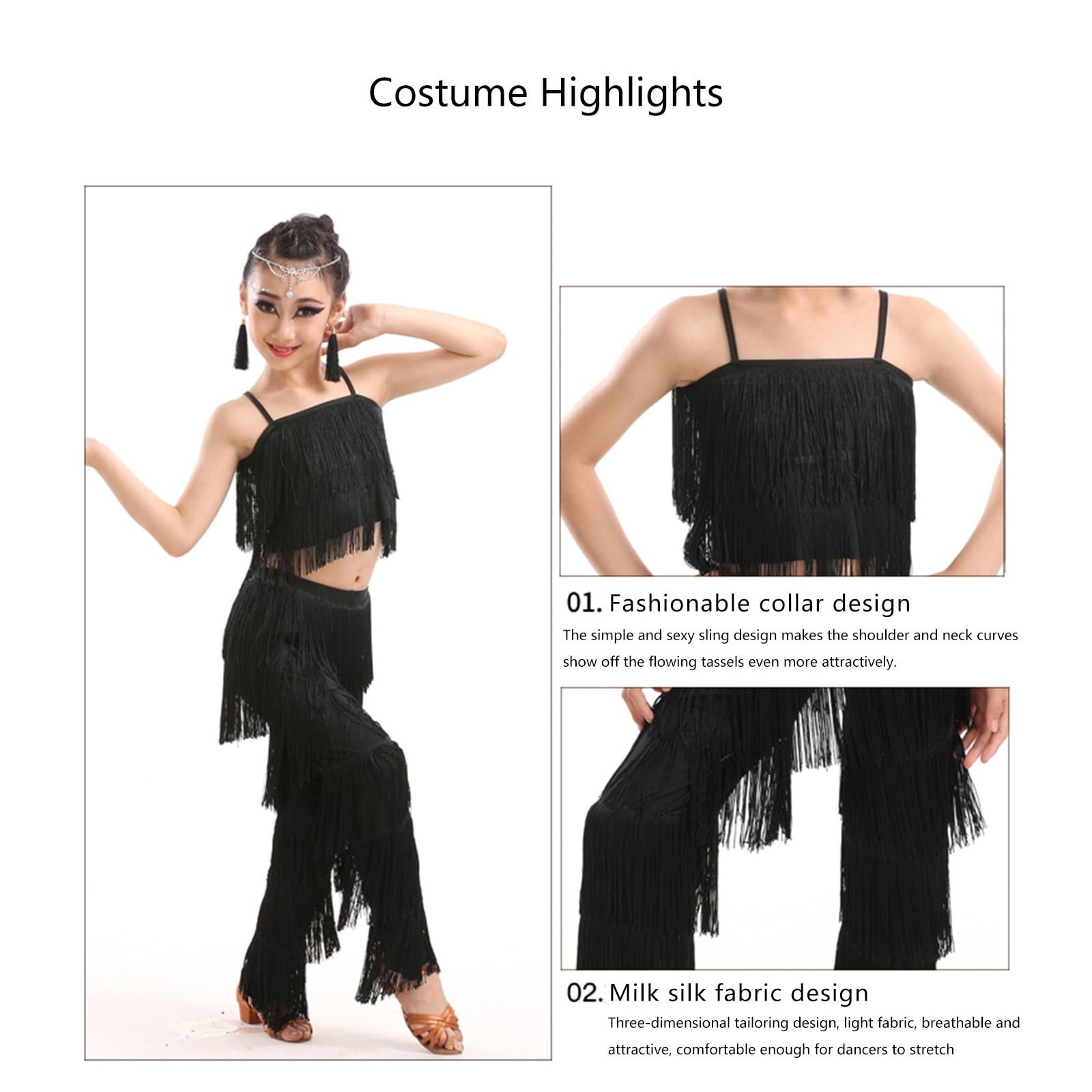 Falda Con Flecos De Baile Latino For Niñas, Top Corto + Pantalones, 2 Piezas, Ropa De Baile De Competición, Vestido De Baile De Salsa Tango Con Borlas, Disfraz De Actuación En Escenario
