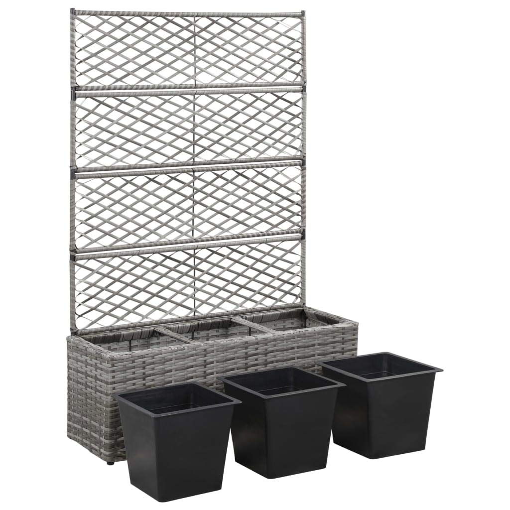 Leepesx Enrejado y Arriate 3 Macetas, Jardinera Exterior con Celosía, Jardinera Vertical, Ratán Sintético Gris 83x30x130 cm