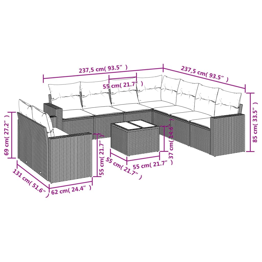 Ensemble de canapé de jardin 10 pièces avec coussins en polyrotin noir, résistant aux intempéries, modulable, avec table, espace de rangement, salon, balcon, terrasse, extérieur, jardin