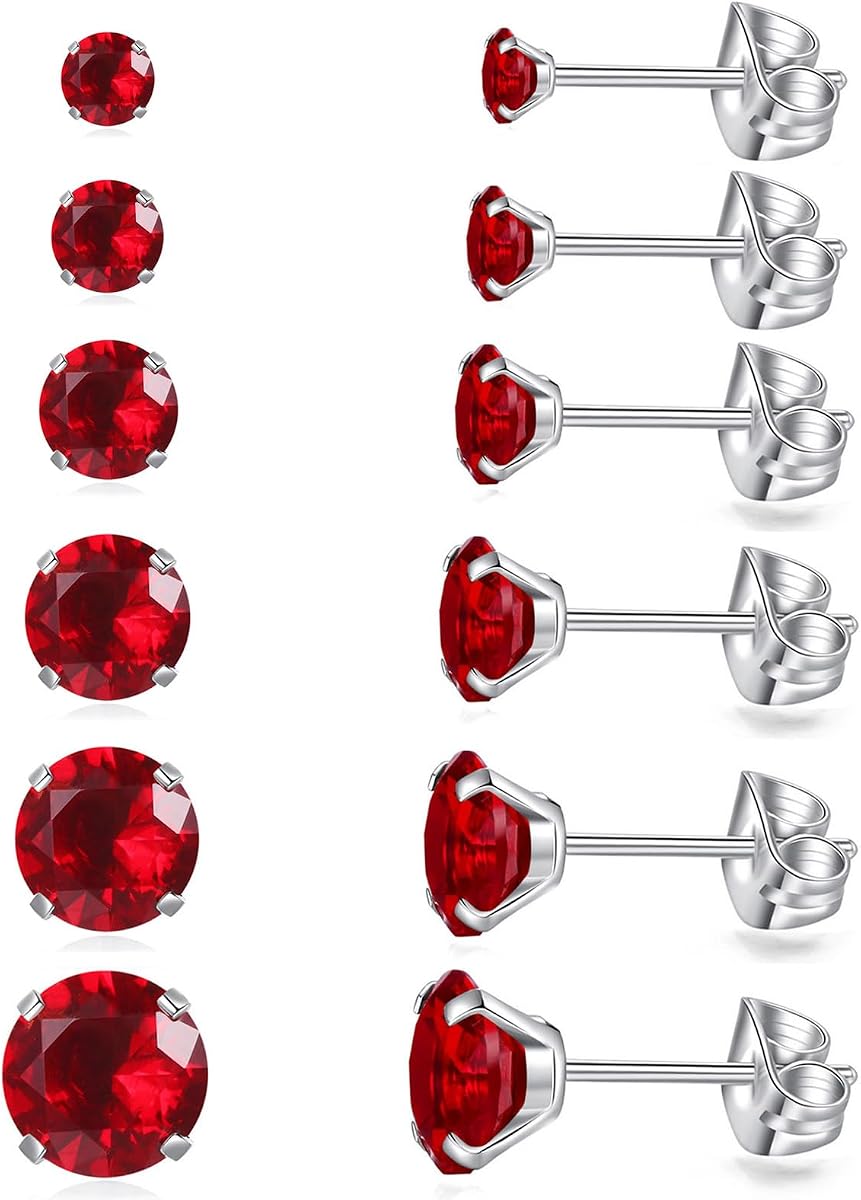 6 Pairs Stud Earrings Set, Hypoallergenic Cubic Zirconia Earrings 316L Stainless Steel CZ Earrings 3-8mm