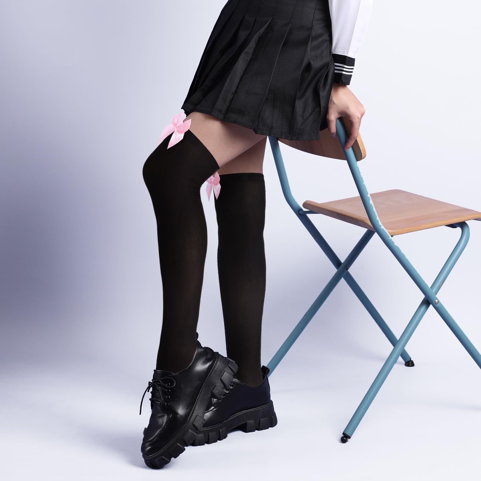 Boao 3 Pairs Thigh High Stockings Thigh High Socks with Bow for Women over Knee Lingerie Stockings for Cosplay Daily Wear: Medium Pink ,White, Black