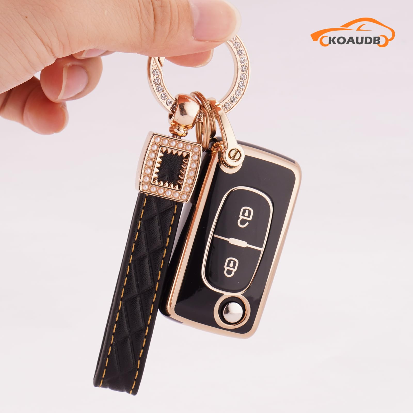 Car Key Fob Case Fit for Peugeot 107 207 307 307S 308 407 607 807 3008 5008 Citroen C2 C3 C4 C5 C6 C8 Xsara 2 Buttons Flip Folding Key Case Shell with Leather Keychain Lanyard (BP-Pgt-2F) — view 5