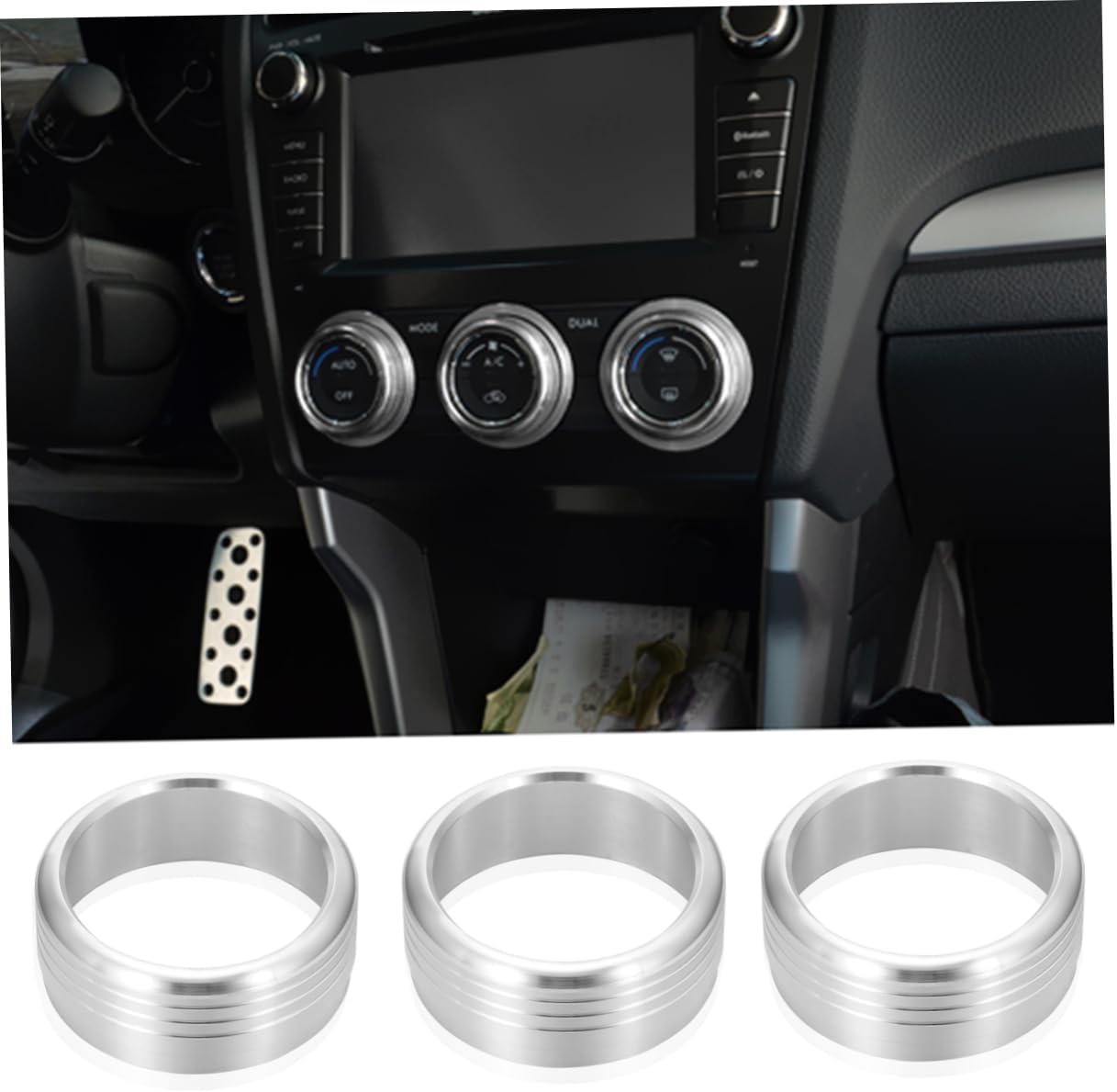 Unomor 3Pcs Silver Anodized Aluminum Air Conditioning Knob Ring Covers for Impreza Crosstrek Durable Button Rings for Stylish Interior Upgrade
