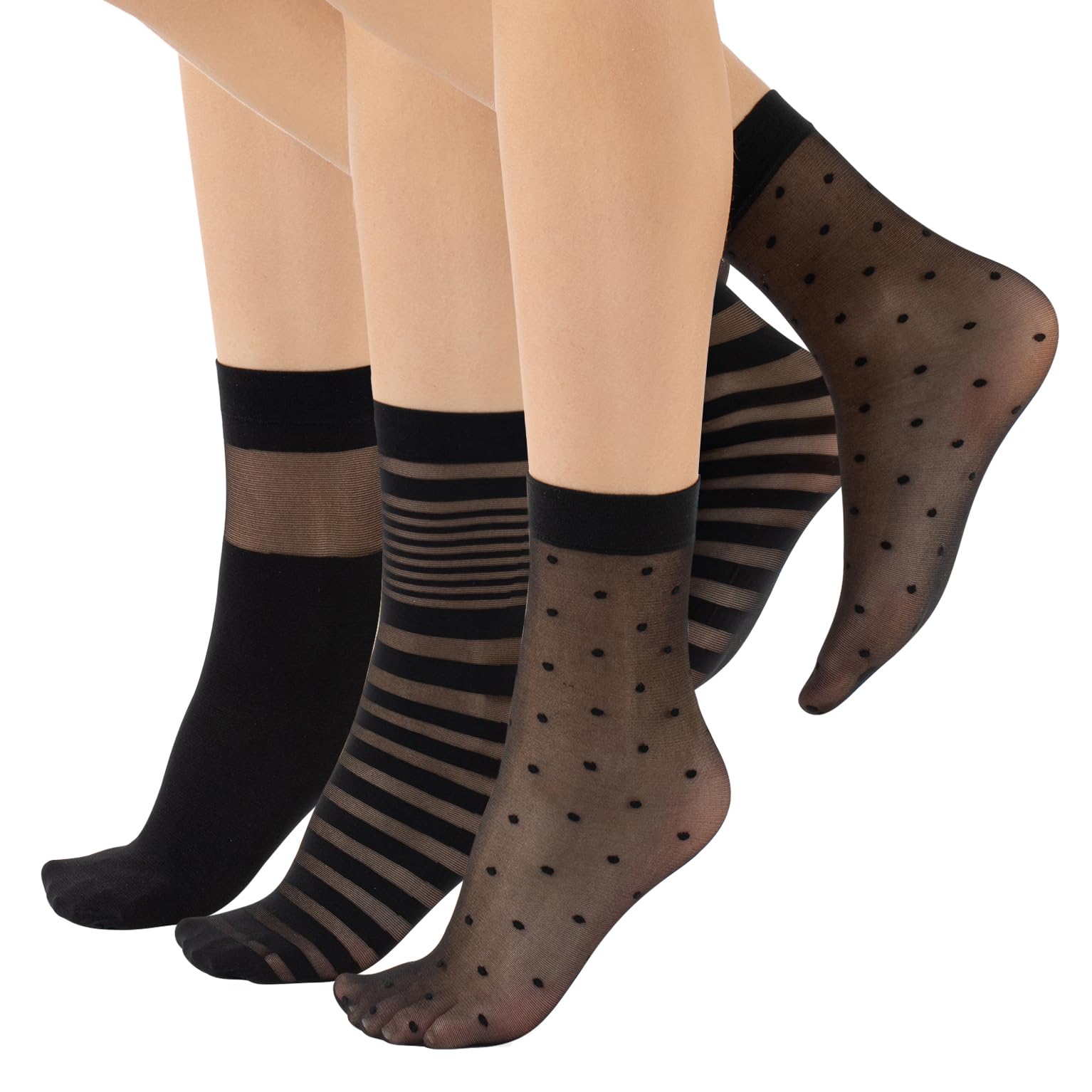 CALZITALY 3 Pairs Women Pop Socks, Sheer Everyday Socks, Patterned Ankle Socks, Polka Dots, Stripes, Geometric, One Size, Made in Italy (Pttern B - Black, One Size)