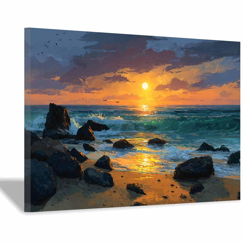 HOQIU Vintage wall art Rocky's Ocean Sunset decorative painting, wall art, for Living Room Bathroom Bedroom Kitchen Decoration.(Multicolor)-30x40cm Framed