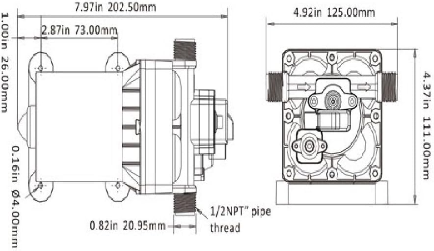 Dimensional drawing of the LIGHTEU SEAFLO water pump