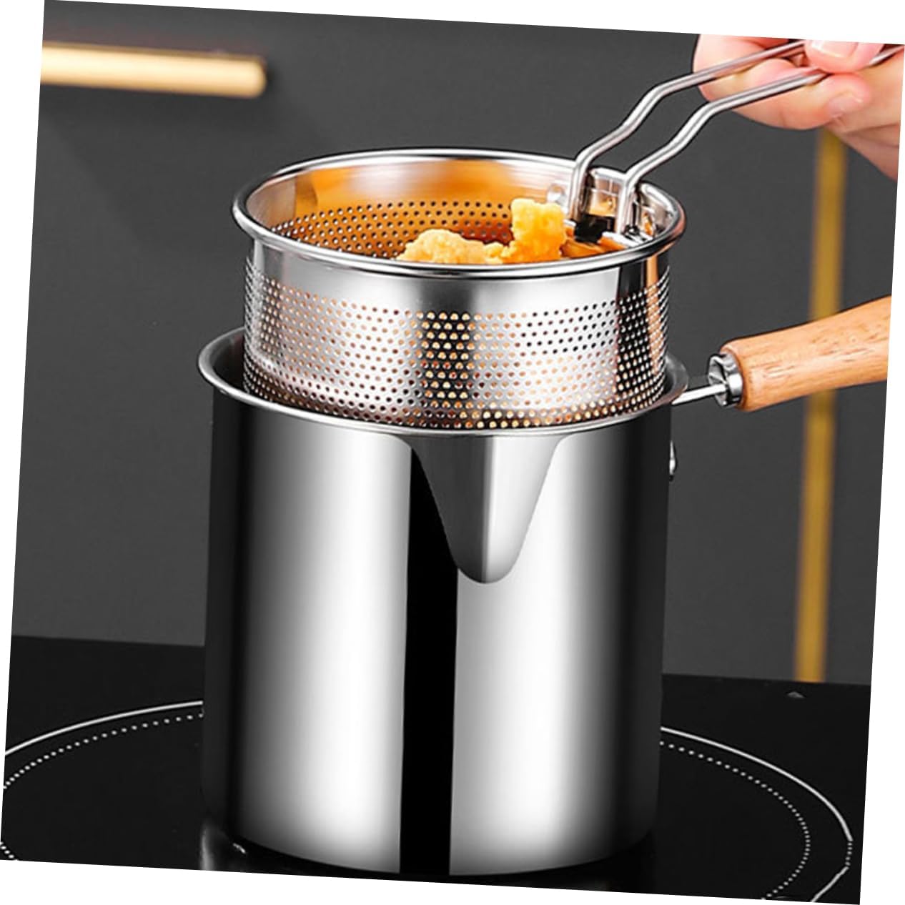 1set Stainless Steel Deep Fryer Pan Strainer Oil Container and Tongs for Cooking for Home Use and Frying Dishes