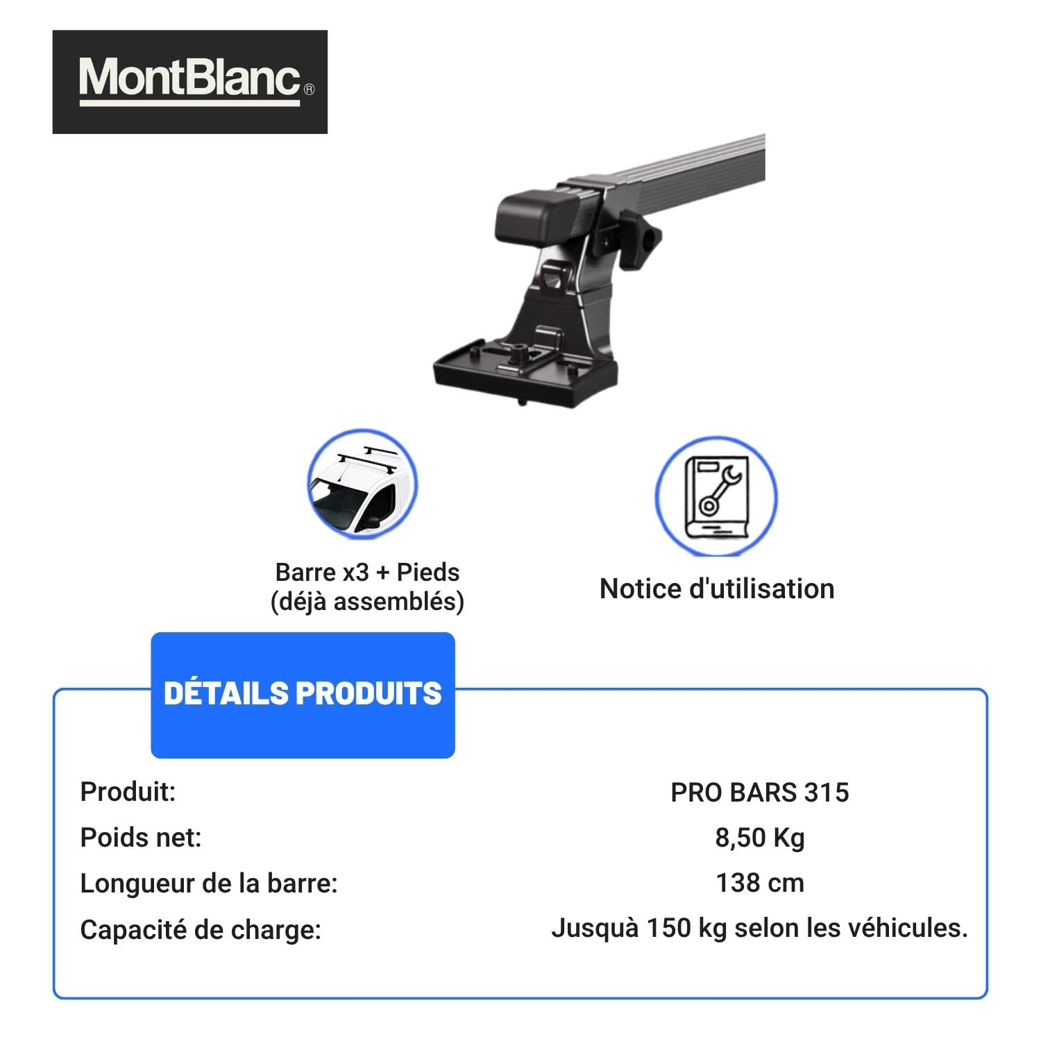 Mont Blanc Barres de Toit Pro Rack 315 Acier - 3 Barres, Charge 150 kg