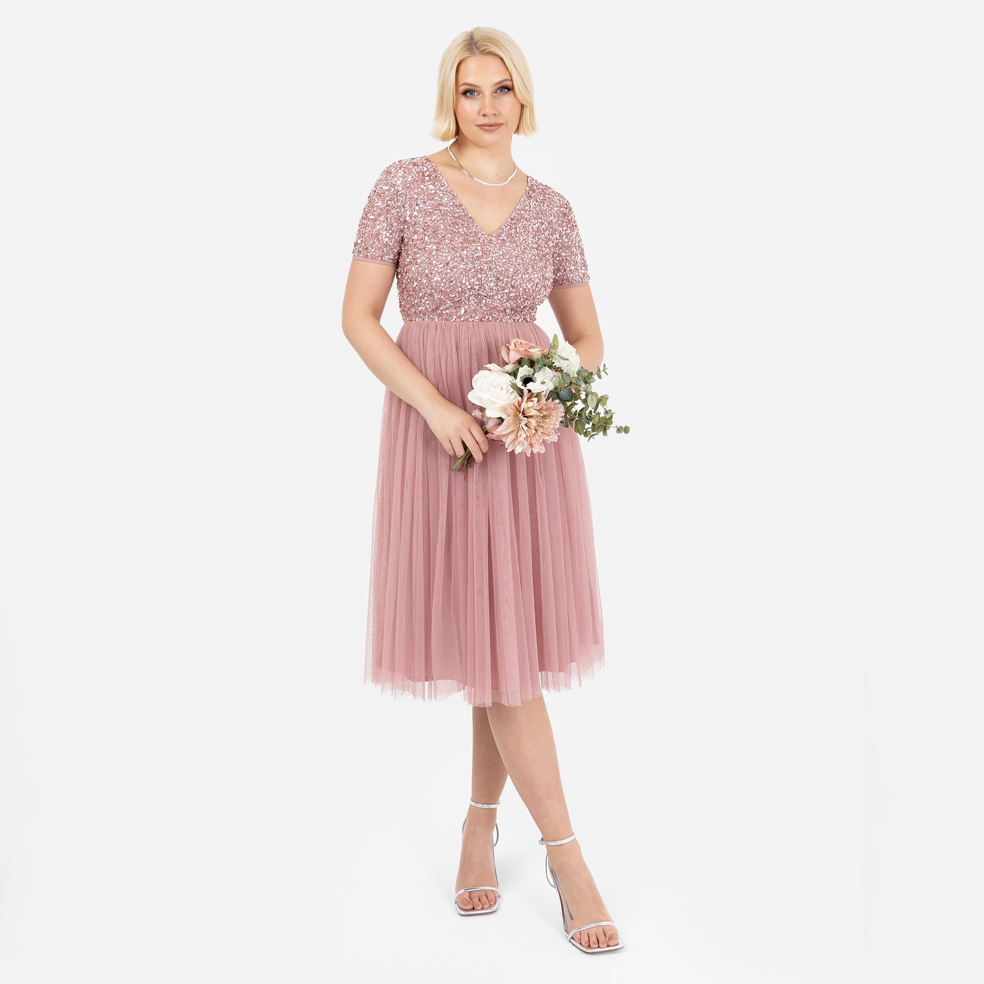 Maya Deluxe Robe de Soirée Midi Ornée avec Col en V et Manches Courtes pour Femme Demoiselle d'honneur