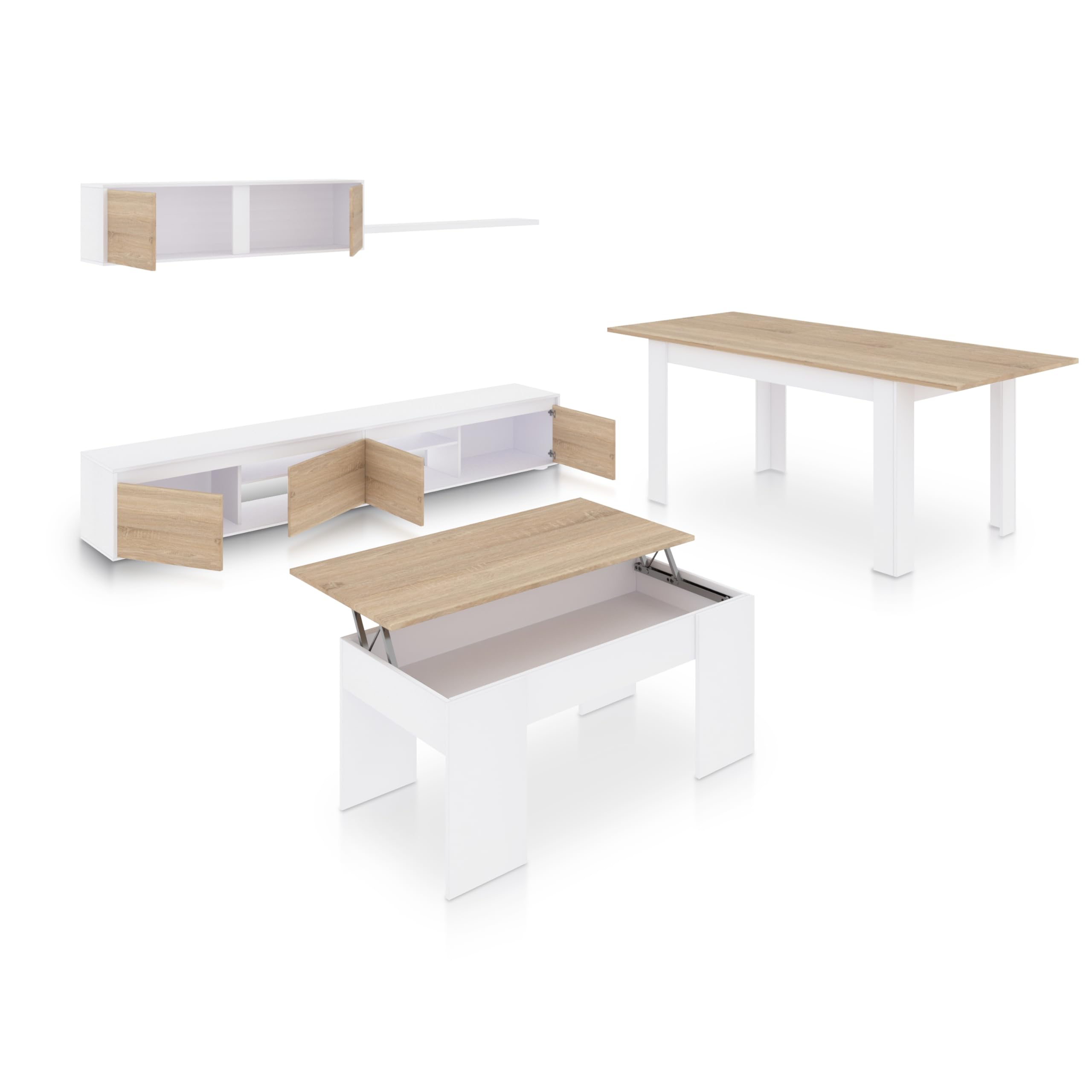 duehome | Pack de Salon con Modulo TV + Mesa de Centro Elevable y Mesa de Comedor, Conjunto de Salon, Modelo Arlet MAX V2B, Acabado en Blanco Artik y Roble Canadian