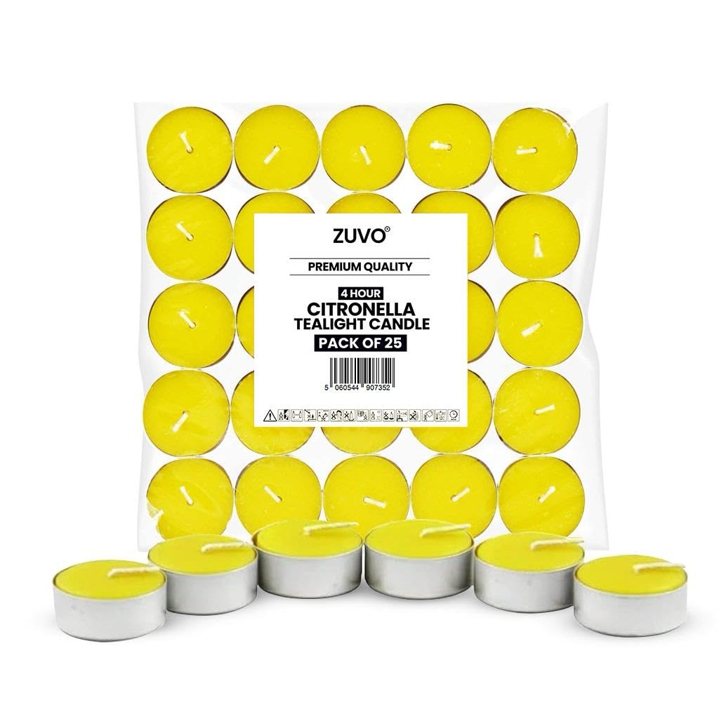 Zuvo Citronella Tealights - Pack of 25, 4-Hour Burn Scented Candles for Indoor & Outdoor Use, Insect-Repellent Tea Lights for Patio, Garden & Home, Yellow