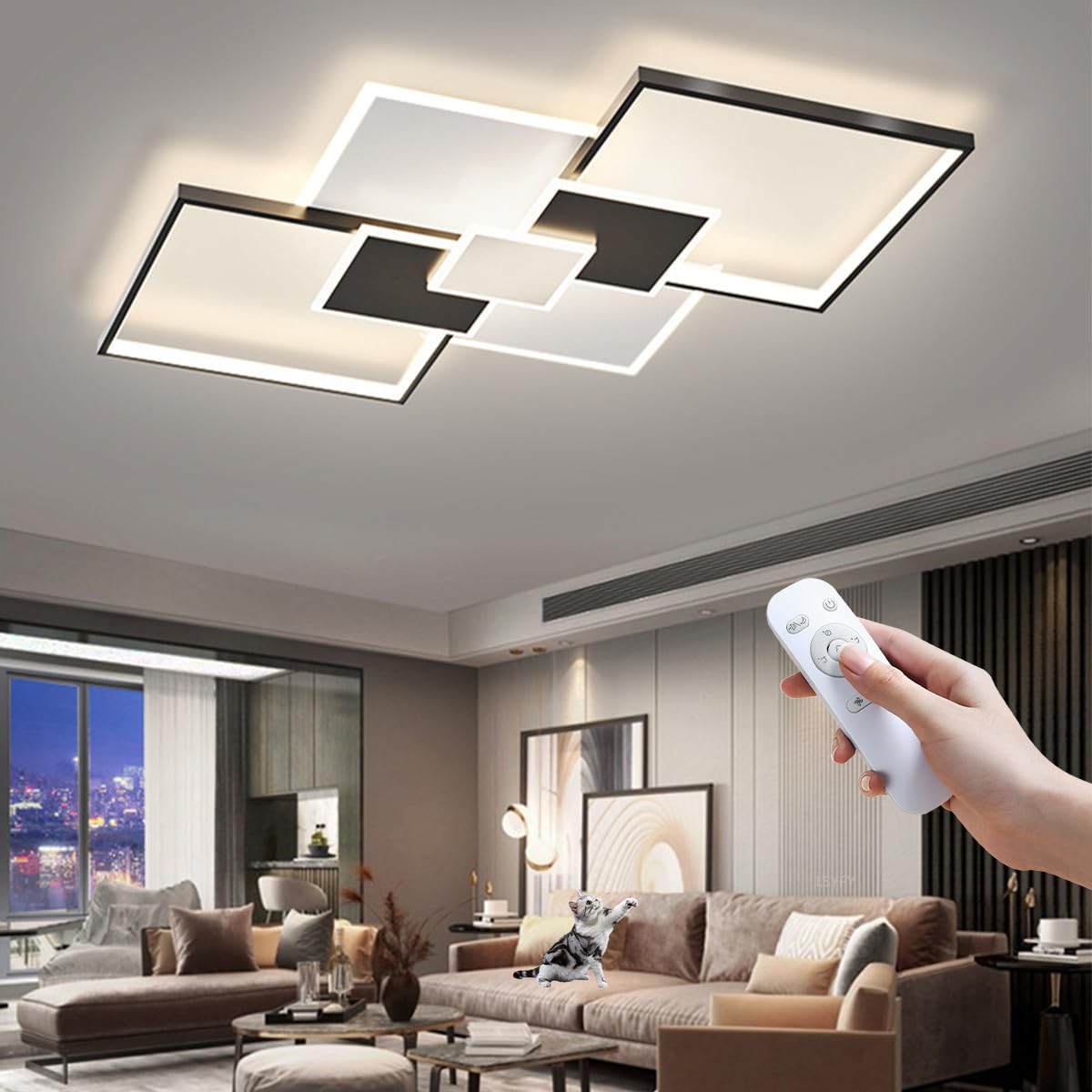 LSYPY Modern LED Living Room Ceiling Lamp Black Dimmable, Geometric Lines and Diamond Design, Suitable for: Living Room, Bedroom, Office, Corridor and Hall (Black-White, L110*W70)