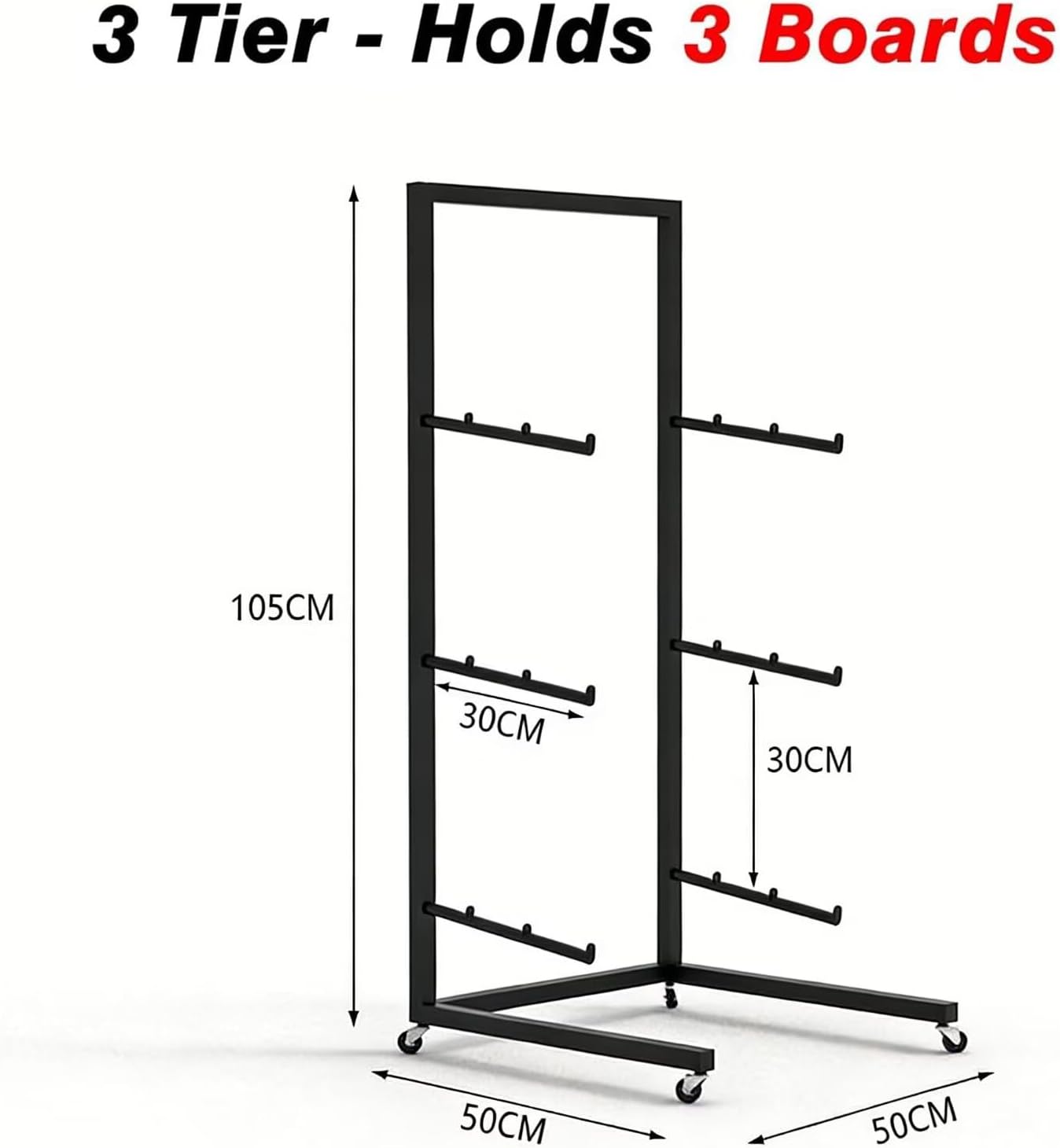 3-Tier Heavy Duty Carbon Steel Snowboard Rack with Locking Casters - Space Saving Nano-Coated Storage Organizer, Holds 3 Snowboards for Garage, Ski Shop & Shed (Black)